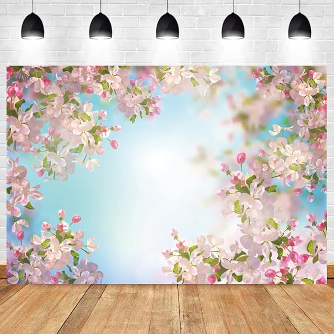 Renaiss 6x4ft Pink Floral Backdrop Romantic Cherry Blossom Blue Sky Sunshine Nature Scenery Polyester Photography Background for Wedding Kids Baby Birthday Party Decor Photo Props