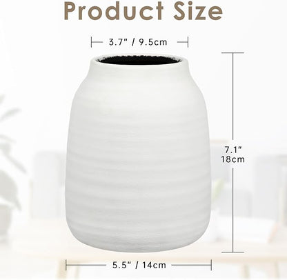 Briful White Ceramic Vase for Dried Flowers – 7.1” Short Ribbed Modern Vase with 3.7” Wide Opening, Minimalist Farmhouse Table Centerpiece, Boho Home Decor for Pampas Grass, Bookshelf & Mantel Styling