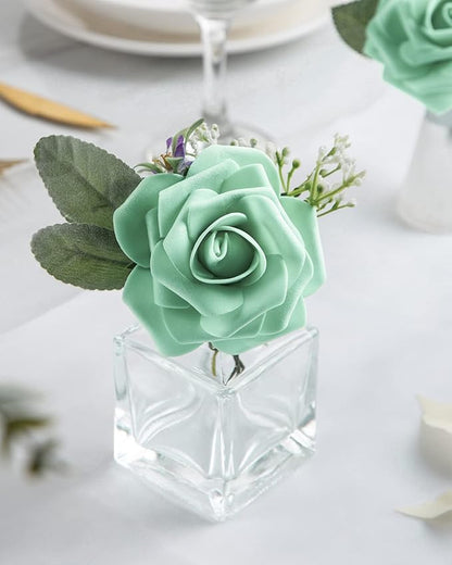 DuHouse 25Pcs Artificial Roses Flowers Fake Roses with Stems Real Touch Foam Flowers for DIY Wedding Bouquet Baby Shower Centerpiece Floral Arrangement Party Home Decor(Mint Green)