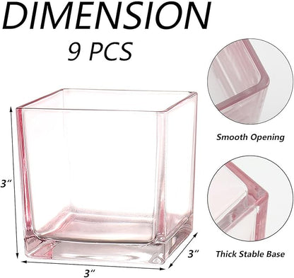 Square Flower Vases Set of 9, 3"x 3"x 3" Glass Vases for Centerpieces, Pink Vase for Flowers, Small Vase for Wedding, Party, Home Office Decoration