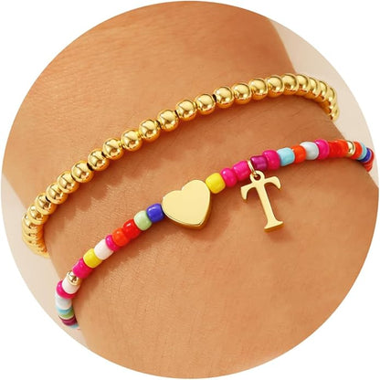 Ritach Christmas Gifts for Teens Girls Kids - 2PCS Colorful Heart Initial Bracelet Stackable Real Gold Plated Stretchable Beaded Bracelets for Teen Girls Kids Birthday Gifts Stocking Stuffers