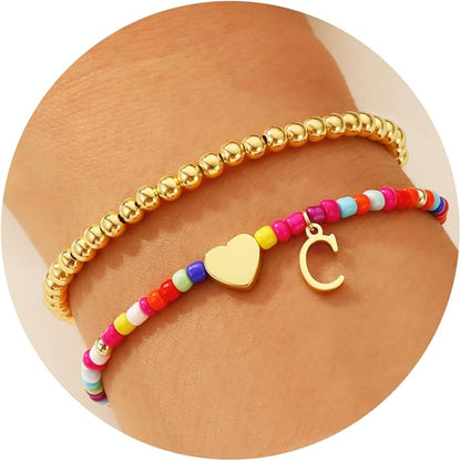 Ritach Christmas Gifts for Teens Girls Kids - 2PCS Colorful Heart Initial Bracelet Stackable Real Gold Plated Stretchable Beaded Bracelets for Teen Girls Kids Birthday Gifts Stocking Stuffers