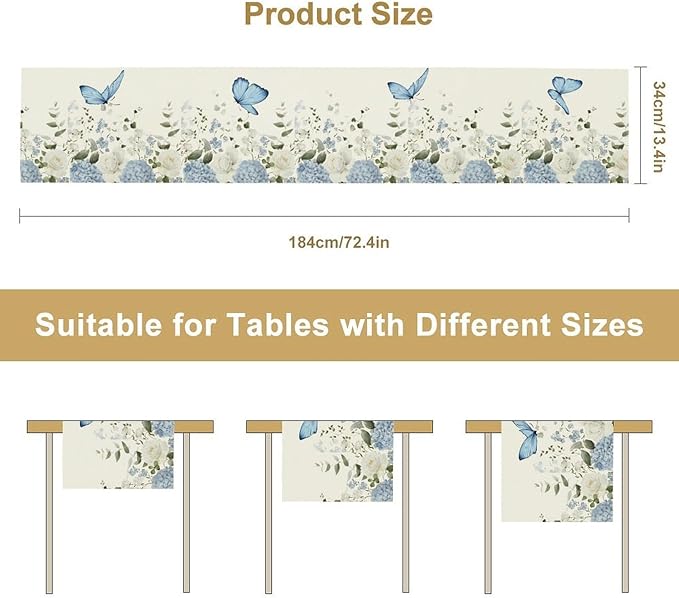 Floral Table Runner, Blue White Flower Butterfly Garden Spring Nature Decoration Table Runner for Kitchen Dining Home Party, 13x120 Inch