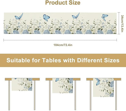 Floral Table Runner, Blue White Flower Butterfly Garden Spring Nature Decoration Table Runner for Kitchen Dining Home Party, 13x120 Inch