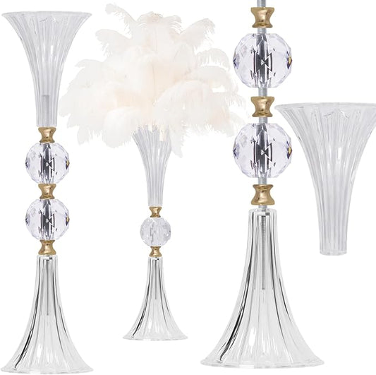 VIJIV Crystal Acrylic Trumpet Vase for Wedding Centerpieces & Home Decor - 21.7" Clear Flower Stand with Ribbed Texture, Gold Accents, Table/Floor Vase for Events, Bridal Showers & Boho Weddings