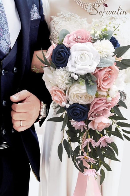 Serwalin 9.8 Inch Wedding Bouquets for Bride Bridesmaid, Pink Blue Rose Bridal Bouquets for Bride, Wedding Flowers Bouquet Tossing Bouquet, Wedding Ceremony and Anniversary Day Decor
