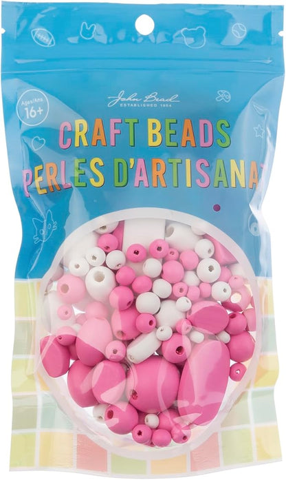 John Bead 90g Craft Beads Pink and White Wood Beads with Elastic Nylon Cord