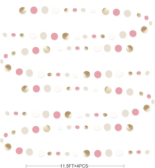 Champagne Gold Dusty Pink Decorations Circle Dots Garland Gold Pink Nude Neutral Cream White Boho Hanging Polka Dot Streamer for Bridal Shower Birthday Wedding Engagement Baby Shower Party Supplies