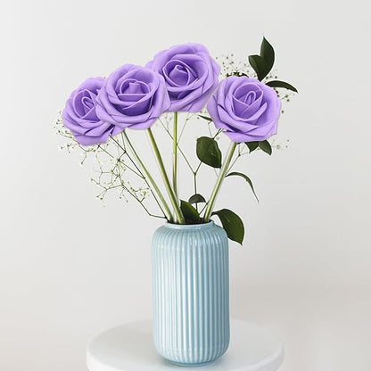 100PCS Artificial Flowers Purple Roses Real Looking Foam Fake Roses with Leaves and for DIY Wedding Bouquets Bridal Shower Centerpieces Party Decorations (Purple, 100)