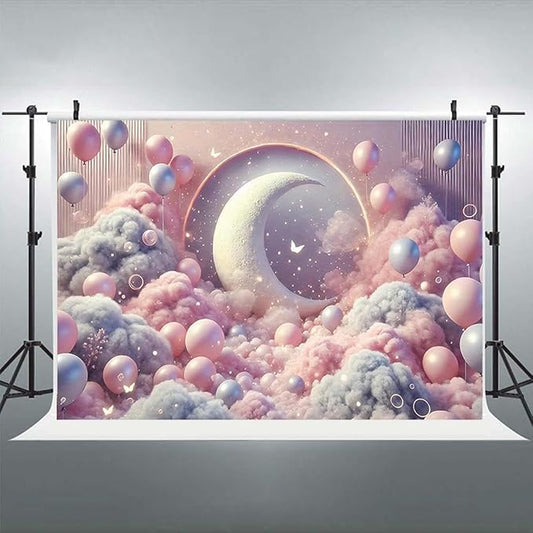 Dreamy Moon and Balloons Backdrop Pink Dreamy Balloon Moon Baby Birthday Decoration Kids Portrait Photo Backdrop Newborn Baby Photography Background (9x6feet)