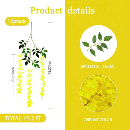12 Pack Yellow Wisteria Hanging Flowers Garland, 3.77 Feet Artificial Flower Vines, Fake Wisteria, Artificial Vines Hanging Garland for Backdrop Outdoor Yard Garden Decor