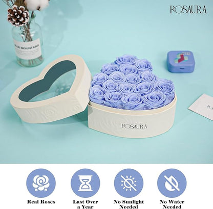 Rosaura Heart-Shaped Preserved Roses Gift Box - Real Forever Flowers for Birthday, Valentine's & Mother's Day (Sky Blue, 16 roses)