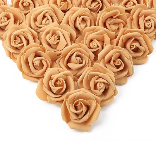 IPOPU Artificial Rose Flower Heads, 100 Pcs Real Looking Gold Yellow Foam Fake Roses for DIY Wedding Baby Shower Centerpieces Arrangements Party Tables Home Decorations (Gold Yellow, Stemless)