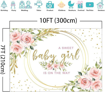 Mocsicka Floral Sweet Baby Girl Backdrop It's a Girl Baby Shower Background Watercolor Pink Floral Baby Shower Party Cake Table Decoration Photo Booth Props (10x7ft)