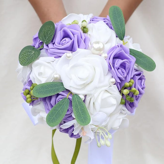 Lightweight Bridal Wedding Bouquet Round Holding Bouquet Throw Toss Artificial Rose Flower Bunch for Bride Bridesmaid Wedding Quinceanera (White & Mid Purple, 9.1")