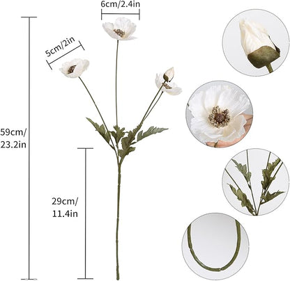 IPOPU White Artificial Poppy Flowers 6pcs Poppies White Artificial Flowers with Stems Silk Flower Arrangements for Wedding Centerpieces for Home Table Bridal Shower Party Decorations (White)