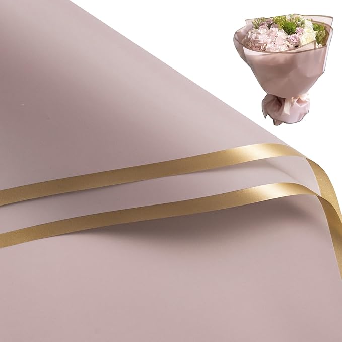 WRAPAHOLIC 20 Sheets Flower Wrapping Paper - 22.4 x 22.4 inch Gold Trim Lotus Pink Water-Resistant Floral Bouquet Wrapping Paper, Florist Supplies Packaging Paper for Wedding Birthday Gift DIY