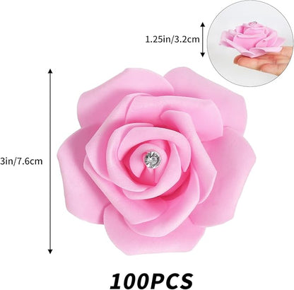 IPOPU 100pcs Pink Foam Rose Artificial Flower Bulk with Crystal 3in Real Looking Stemless Fake Roses for DIY Craft Wedding Bouquets Wall Decoration Bridal Shower Arrangement Home Decorations(Pink)