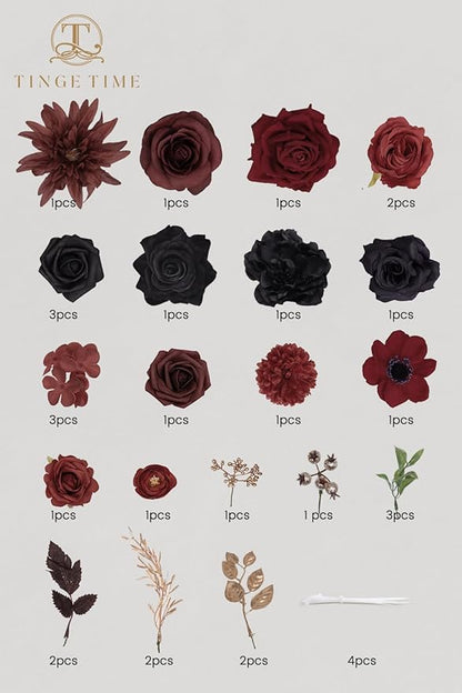 TINGE TIME Rose Artificial Flowers Combo, Fake Foam Roses with Stems for DIY Autumn Wedding Bridal Shower Decorations Party Table Centerpieces Fake Floral Arrangement Home Decor(Gothic Black and Red)
