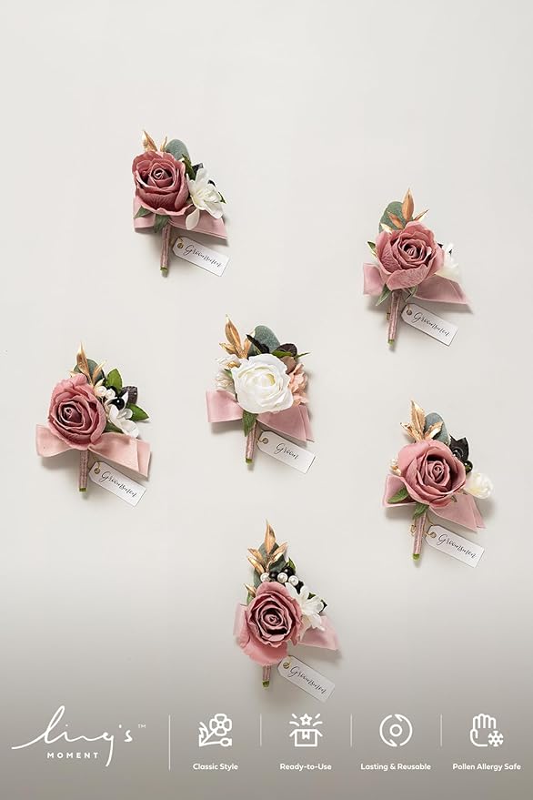 Ling's moment Wedding Artificial Flowers Package, Bridal Bouquet, Bridesmaid Bouquets, Boutonniere for Men, Rose Petals.Dusty Rose Muave