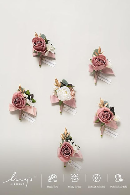 Ling's moment Wedding Artificial Flowers Package, Bridal Bouquet, Bridesmaid Bouquets, Boutonniere for Men, Rose Petals.Dusty Rose Muave