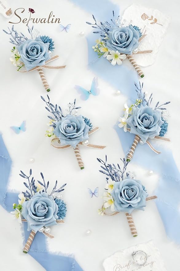 Serwalin 6PCS Boutonniere for Men,Groom and Best Man Boutonnieres for Wedding Decor Prom Anniversary Homecoming Flowers Formal Dinner Party (Blue & Dusty Blue)