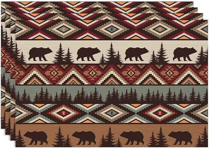 Rustic Lodge Bear Placemats Set of 4, Vintage Cabin Pine Cone Plaid Place Mats, Heat Resistant Non Slip Cotton Linen Dining Table Mats for Home Kitchen Party 18x12 Inch