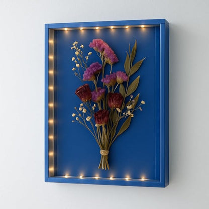 Dried Flowers Shadow Box with LED Light Dimmable Changeable Pictures Display Frame Wall-mounted & Tabletop Photo Album Display (Indigo)