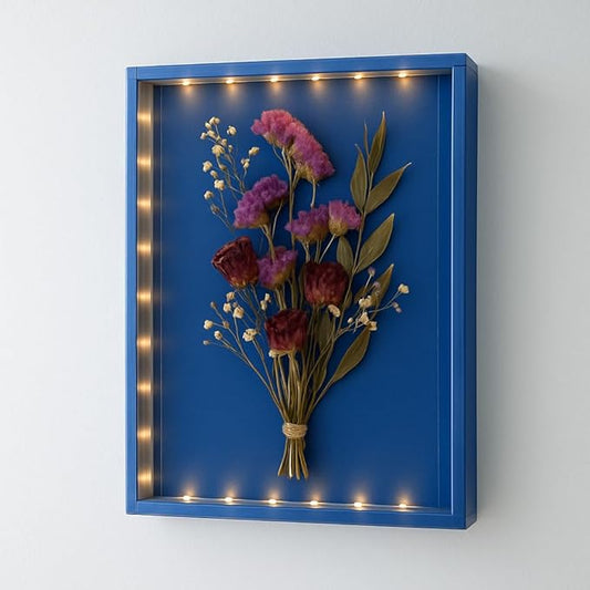 Dried Flowers Shadow Box with LED Light Dimmable Changeable Pictures Display Frame Wall-mounted & Tabletop Photo Album Display (Indigo)