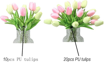 Artificial Flowers 10 Heads Mini Real Touch Artificial Tulip for Home Wedding Party Centerpiece Decoration (Green&Pink)