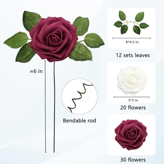 JOYLEX Artificial Flowers Realistic Roses, 50 pcs Real Looking Fake Roses with Stem for DIY Wedding Bouquets Centerpieces Bridal Shower Party Home Romantic Decorations (White & Wine Red)