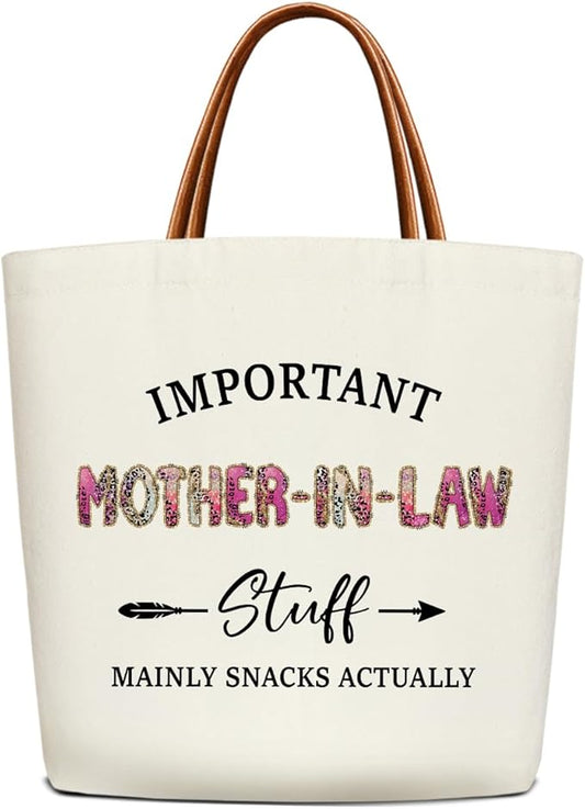 Canvas Tote Bag for Women, Important Stuff Bag with Leather Handle, Reusable Grocery Bags for Shopping Beach Travel