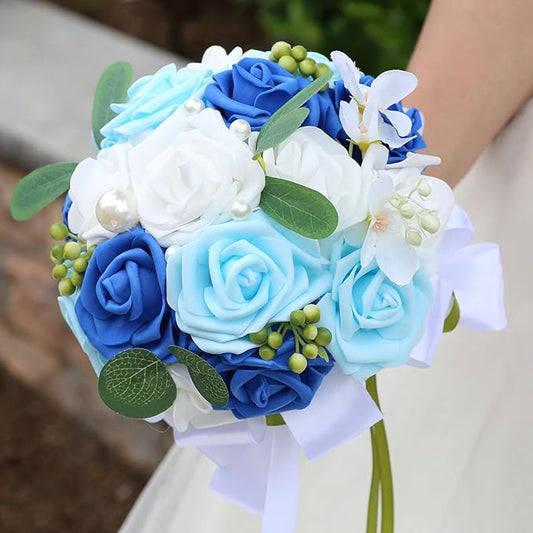 Lightweight Bridal Wedding Bouquet Round Holding Bouquet Throw Toss Artificial Rose Flower Bunch for Bride Bridesmaid Wedding Quinceanera (White, Royal Blue & Light Blue, 7.9")