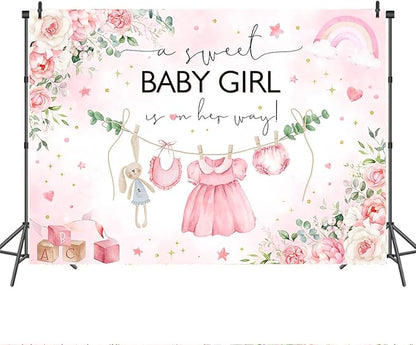 Mocsicka Sweet Baby Girl Princess Pink Greenery Party Decoration for Girl's Baby Shower Photo Booth (Pink, 8x6ft)