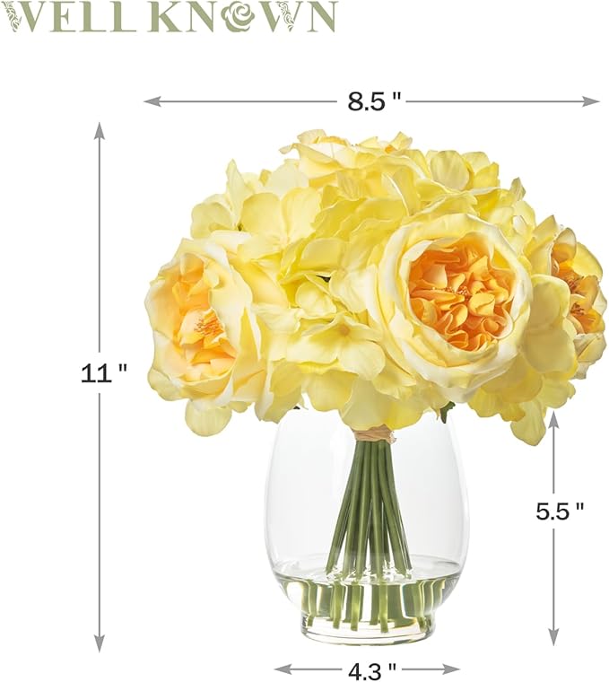 Artificial Flowers in Vase, Silk Austin Rose & Hydrangea Yellow Flowers with Fake Water, Real Touch Fake Flower Arrangements for Home Hotel Office Wedding Dinning Table Centerpiece Decor & Gift