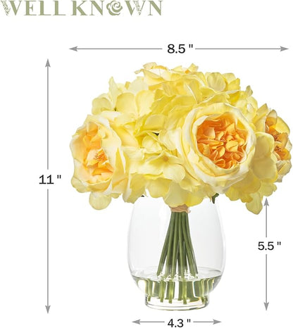 Artificial Flowers in Vase, Silk Austin Rose & Hydrangea Yellow Flowers with Fake Water, Real Touch Fake Flower Arrangements for Home Hotel Office Wedding Dinning Table Centerpiece Decor & Gift