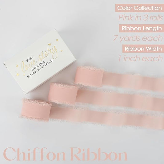 MEEDEE Blush Chiffon Ribbon 1 Inch Fringe Ribbon Pink Chiffon Silk Frayed Edge Ribbons Thin Chiffon Ribbons for Crafts, Gift Wrapping, Wedding Invitation (3 Rolls 21 Yards)