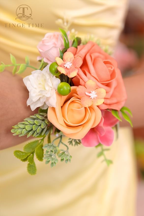 TINGE TIME Set of 2 Wrist Corsage Bracelets Pearl Wristlet Band Bridesmaid Bracelet for Wedding Ceremony Bridal Shower Wedding Artificial Flower Prom (Tropical)