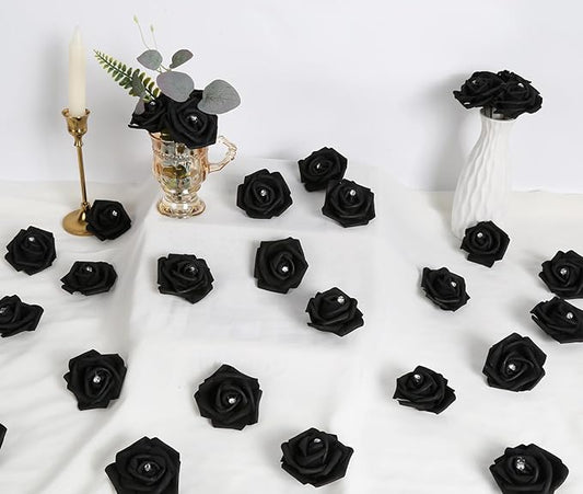 IPOPU 100pcs Black Rose Artificial Flower Heads Bulk with Crystal 3in Real Looking Foam Fake Roses Faux Flowers for DIY Craft Wedding Bouquets Arrangements Party Table Home Decorations(Black)