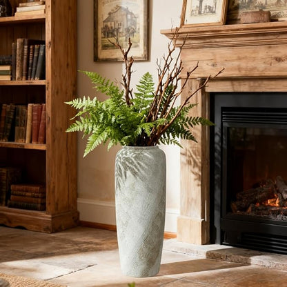 19.7 Inch Rustic Ceramic Tall Floor Vase, Slim Tapered Rustic Farmhouse Vase for Dried Stems & Pampas, Neutral Beige Decorative Vase for Living Room