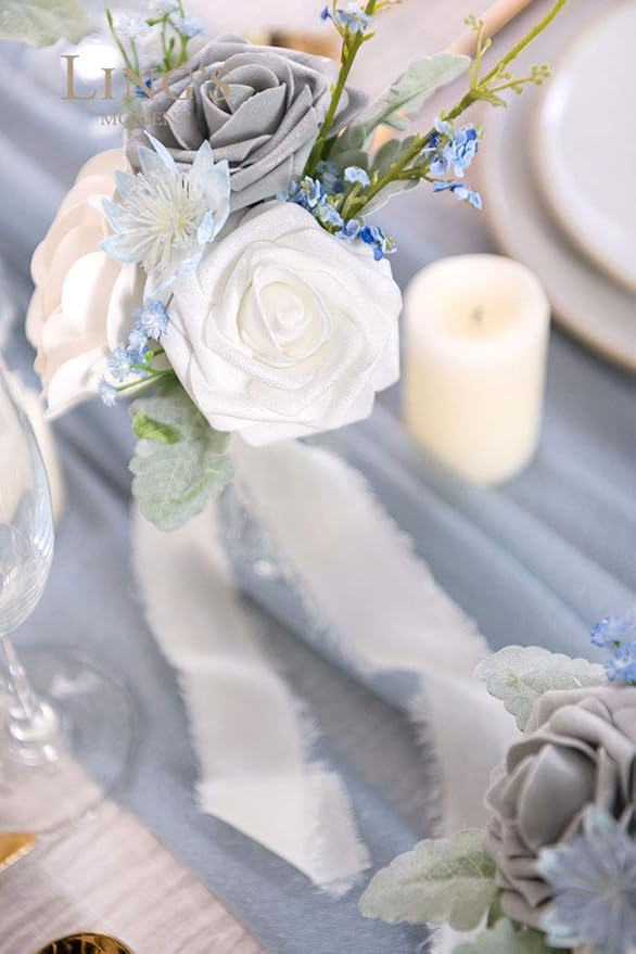 Ling’s Moment Artificial Flowers 25Pcs Silver & Grey Roses Decor w/Stems,3" Real Touch DIY Foam Floral for Wedding Bouquet/Centerpieces, Outdoors Party Backdrop, Room/Table, and Garden/Pot Decorations