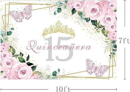 SENDY 10x7ft Quinceañera Backdrop Mis Quince 15 Anos Birthday Party Decorations Supplies for Girl Princess Pink Floral Butterfly Gold Crown Photography Background Banner Photo Booth Studio Props