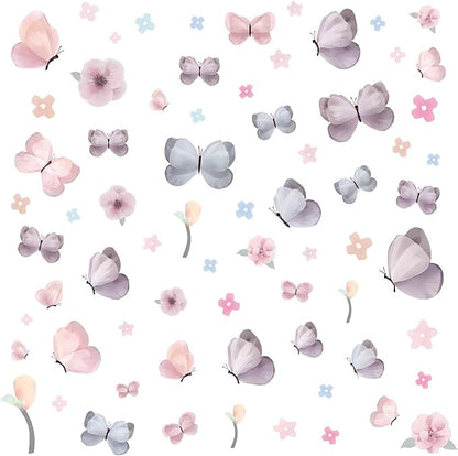 Watercolor Butterfly and Flower Wall Decals Peel and Stick - 70 PCS Flower Butterfly Wall Decor for Girls Room, Nursery, Kids Bedroom, Home Art Decals