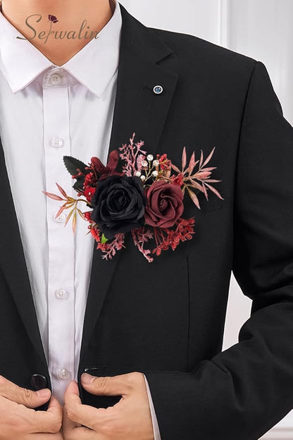 Serwalin Set of 2 Boutonniere for Men, 6-7inch Corsage Groom Groomsman Best Man Boutonnieres for Wedding Prom Ceremony Anniversary Party Cake Topper, Black Burgundy