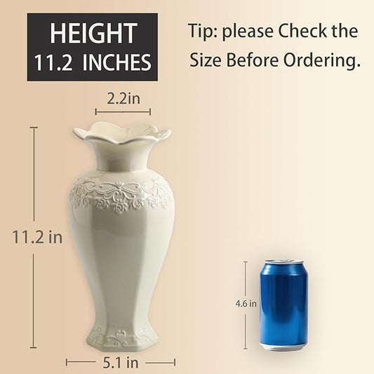 Relievo Elegant White Cream 8in 11in Ceramic Flower Tall Aesthetic Beige Table Tulip Wide Mouth Rose Filler Decorative Rustic Vase Decor for Home (Cream Vase, L)