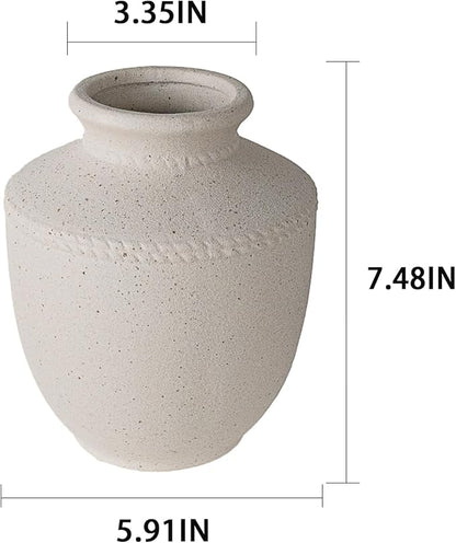 Farmhouse Ceramic Vase for Living Room Bedroom Antique White 7.45'' Flower Bouquet Vase for Fake Plant Home Decor Office Fireplace Centerpieces Rustic Retro Vintage Modern Gift Decoration