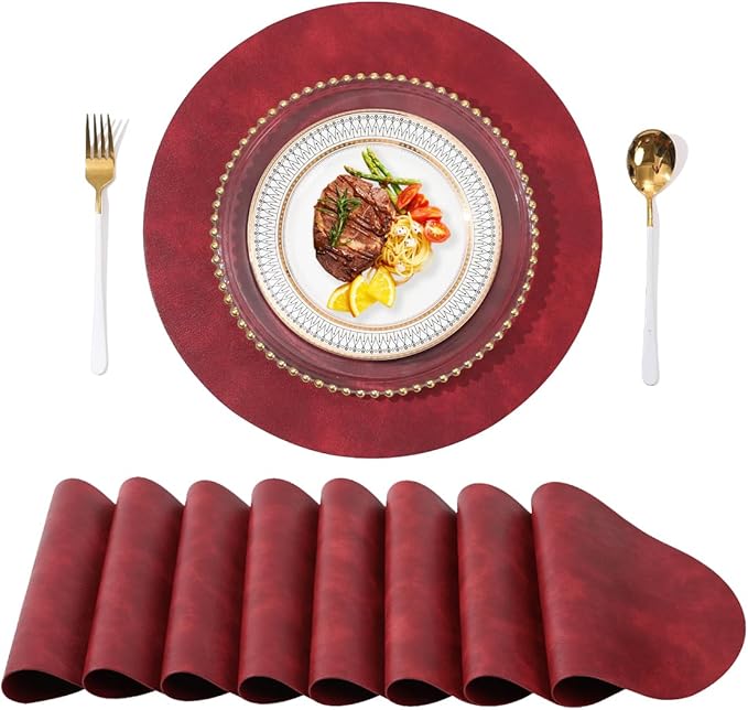 UnivoColors PU Leather Placemats Set of 8,15 Inches Round Washed Cowhide Pattern Table Mats for Dining Table, Kitchen, Party Decoration(Retro Red)