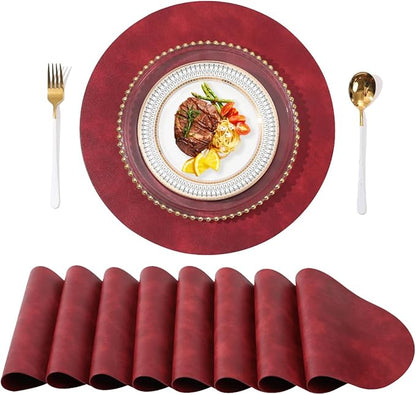 UnivoColors PU Leather Placemats Set of 8,15 Inches Round Washed Cowhide Pattern Table Mats for Dining Table, Kitchen, Party Decoration(Retro Red)