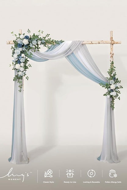 Ling's moment Artificial Wedding Arch Flowers with Drapes Kit-Pack of 5, 2pcs Flower Arrangements 3pcs Hanging Sheer Drapes Sage Ceremony Arbor Backdrop Rose Floral Decorations, Dusty Blue