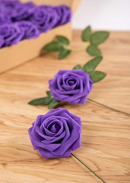 Purple Artificial Flower Purple Silk Rose 25pcs Real Looking Fake Rose with Stems Leaves for Home Decoration Party Garden Centerpieces DIY Wedding Bouquets（Deep Purple）